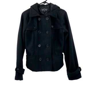 OUTER EDGE Black Wool Blend Double Breasted Pea Coat L